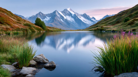 Serene mountain landscape with a still lake mirroring peaks and a colorful skyの素材