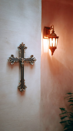 Ornate crucifix hangs on a textured wall, illuminated by a warm vintage lampの素材