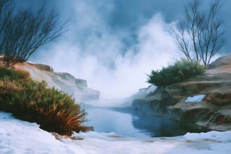 Geothermal hot spring with steam rising over water, snow, and bare trees in winterの素材