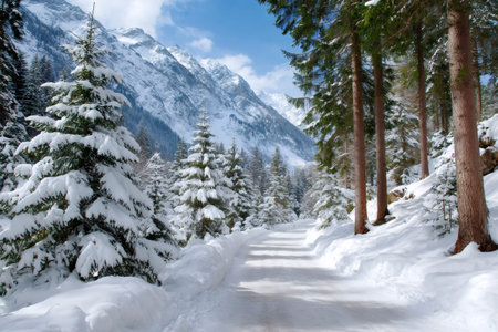 Snow-covered path winding through a serene winter landscape with evergreen trees and towering peaksの素材