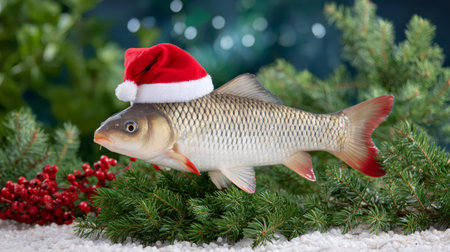 Carp fish wearing a red Santa hat, surrounded by spruce branches, red berries, and snowの素材