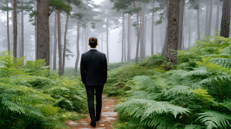 Businessman walking on a stone path through a fern-filled forest obscured by thick fogの素材