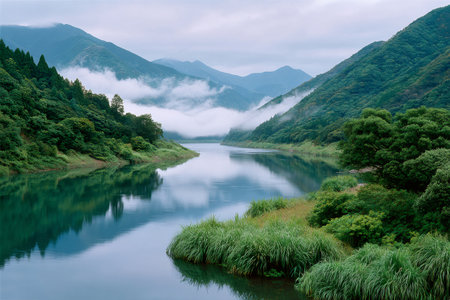 Serene river reflecting mountains and clouds, creating a peaceful natural landscapeの素材