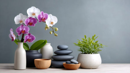 Orchids, stacked spa stones, and a potted plant creating a tranquil zen arrangementの素材