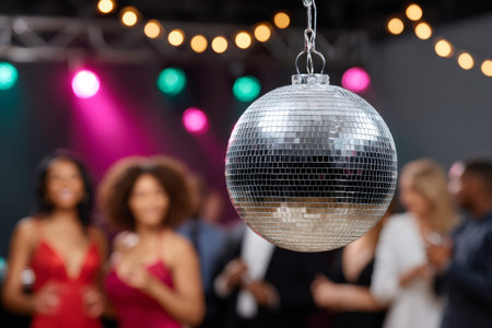 Disco ball reflecting lights at a vibrant party with diverse crowd dancing in the backgroundの素材