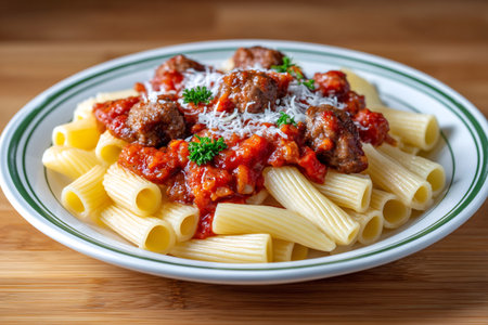 Rigatoni pasta serving with meatballs, rich tomato sauce, fresh parsley, and grated parmesan cheeseの素材