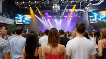 Audience watching a stage with vibrant lights and a disco ball at an outdoor eventの素材