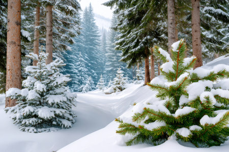 Snow covers pine trees and the ground in a peaceful winter forestの素材