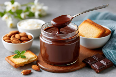 Chocolate hazelnut spread dripping from a spoon into a glass jar with toast, almonds, and chocolateの素材