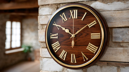 Rustic wooden clock with golden Roman numerals telling the time on a brick wallの素材