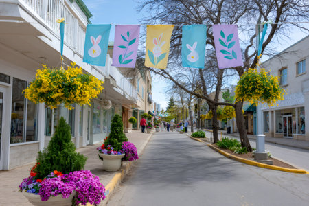 Street decorated for Easter, featuring colorful banners, blooming flowers, and walking peopleの素材