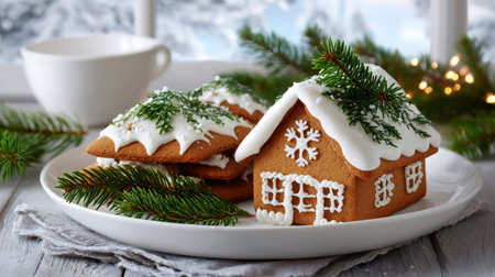 Gingerbread house and cookies staying warm indoors during winter holidaysの素材