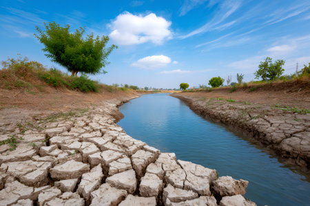 Cracked dry earth lining a water canal under a blue sky, showing effects of droughtの素材