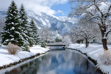 Winter landscape showing a church reflecting in a river with snow-covered trees and mountainsの素材
