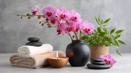 Spa accessories, orchids, and a lit candle arranging a tranquil settingの素材