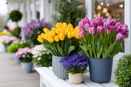 Bright yellow and purple tulips creating a vibrant display outside a flower shopの素材