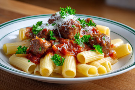 Rigatoni pasta with meatballs, tomato sauce, parmesan cheese, and fresh parsleyの素材
