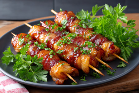 Bacon wrapped chicken skewers with fresh parsley on a dark plateの素材