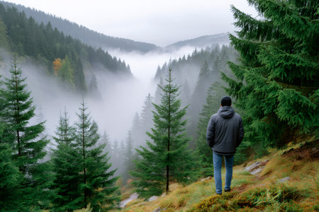 Man standing on hillside looking at thick fog filling an evergreen forest valleyの素材