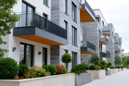 Row of contemporary apartment buildings featuring balconies and green landscapingの素材