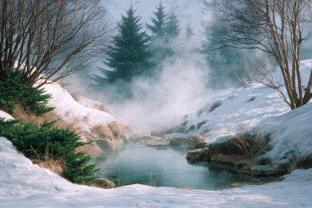 Hot spring water steaming in a snowy winter landscape with trees and hillsの素材