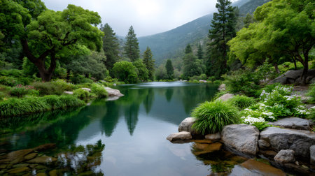 Calm lake reflecting green trees, plants, and mountain landscape under a bright skyの素材