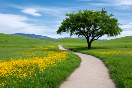 Path winding through a vibrant green field filled with yellow wildflowers under a blue skyの素材