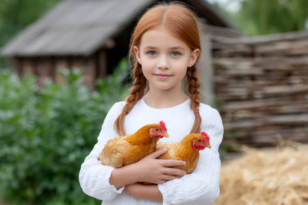 Young girl holding two brown chickens looking at camera on a rural farmの素材