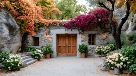 Stone building with wooden doors, a beautiful courtyard, and vibrant fall bougainvilleaの素材