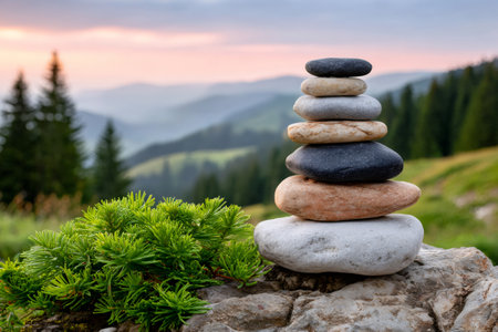 Stacked stones representing zen balance and meditation with misty mountains at sunsetの素材
