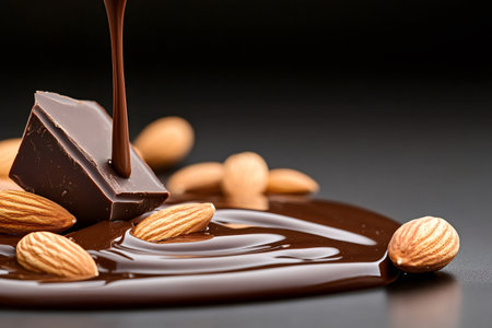 Dark chocolate pouring over a bar, surrounding almonds in a sweet dessertの素材