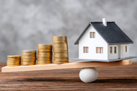 House and rising coin stacks balancing, representing real estate investment, property value, and savingの素材