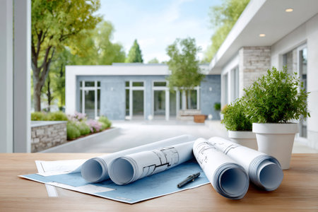 Architecture blueprints on a table with a modern house and garden in the backgroundの素材
