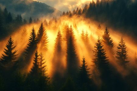 Sunbeams penetrating through thick fog in a forest of spruce trees on a mountainの素材