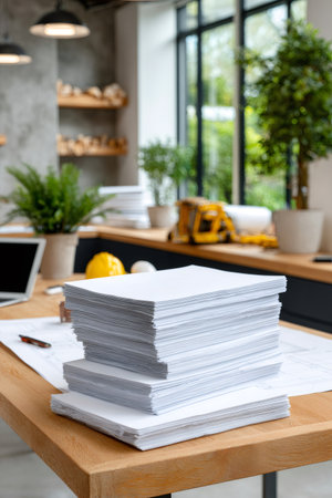 Stack of white paper ready for printing blueprints on a modern architect's workspaceの素材
