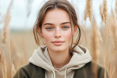 Young woman with freckles and blue eyes looking at camera in a field of reedsの素材