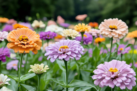 Zinnia flowers creating a colorful field in a summer gardenの素材