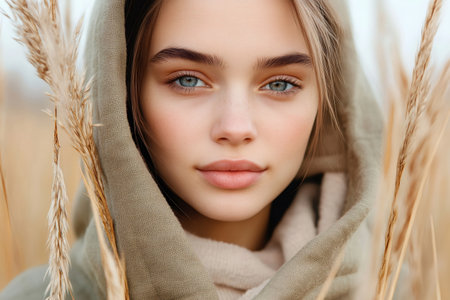 Young woman's portrait, wearing a hood, standing among dry field grassの素材