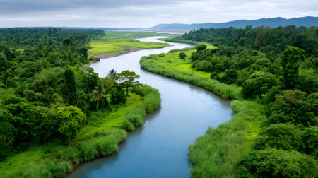 Tropical river meandering through dense rainforest and lush green vegetation from an aerial viewの素材