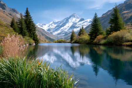 Mountain lake mirroring snow-covered peaks, surrounded by green trees and an alpine landscapeの素材