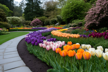 Lush spring garden featuring vibrant tulips blooming along a curving stone pathway and green lawnの素材