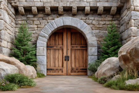 Medieval fortress with rustic archway leading to a fairytale settingの素材