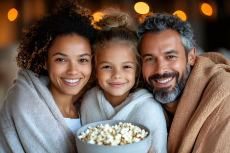 Smiling family members bundled in blankets, enjoying a cozy movie night with popcornの素材