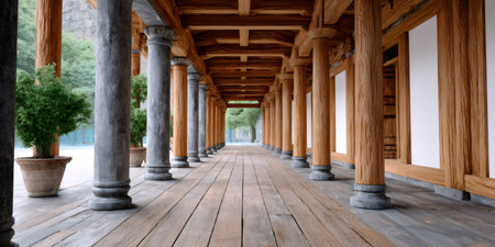 Traditional architecture featuring a long corridor with wooden and stone columns, creating an inviting perspectiveの素材