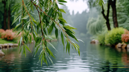 Willow branches with raindrops hanging over a calm pond in a green parkの素材