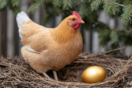 Chicken standing next to a shining golden egg in a natural nestの素材