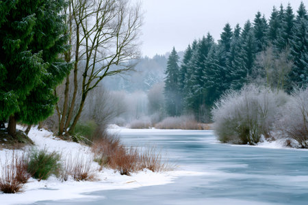 Frozen river creating a serene winter forest landscape with snow and frostの素材