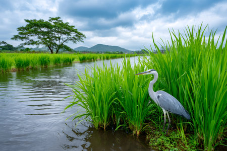 Gray heron standing in vibrant green young rice paddies with water on a cloudy dayの素材