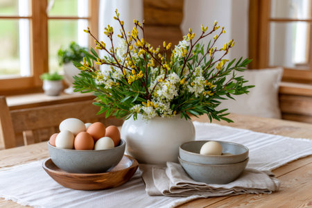 Rustic wooden table displaying Easter eggs in bowls and spring flowers in white vaseの素材