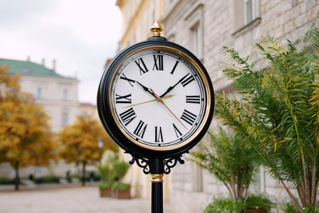 Elegant street clock standing outdoors on a European city street during autumnの素材